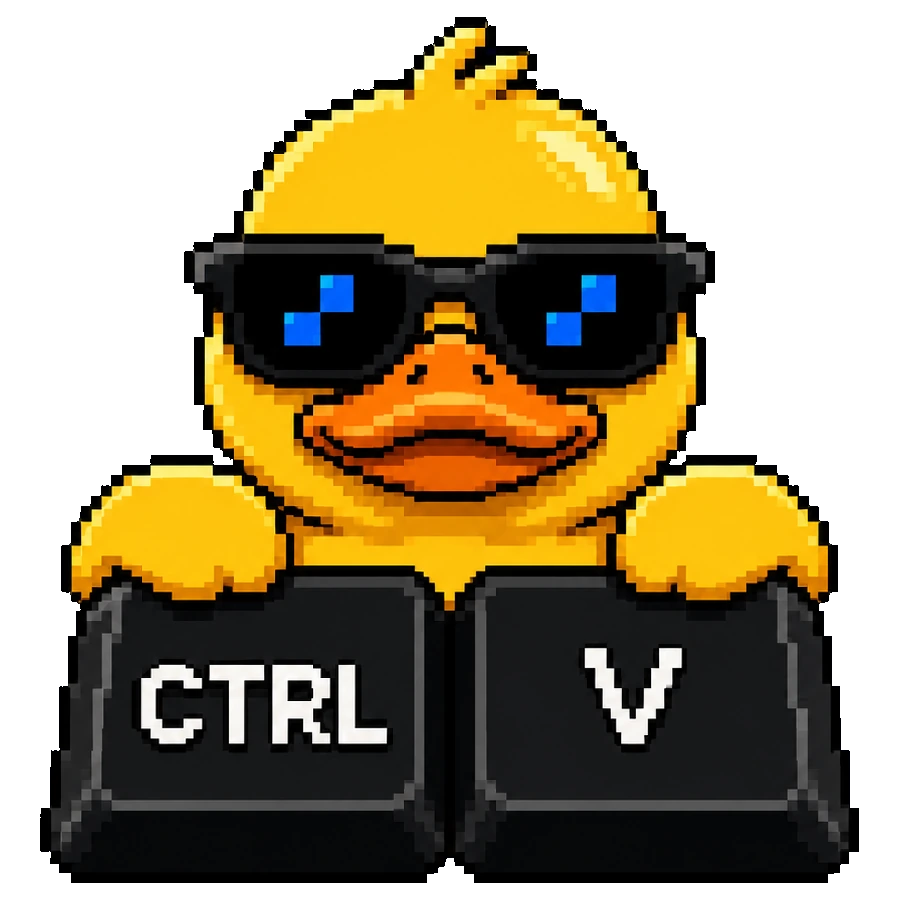 Pato do Duck Vibecoding de óculos escuros, com as teclas CTRL e V